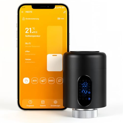 Jaxguom Heizkörperthermostat, 7 Adapter, Fenstererkennung, Schwarz, 1 Stück | 2,4-GHz-WLAN ohne Hub, Smart Life/Tuya App, 5-35 °C, Wochenprogramm, Boost/Eco, Kindersicherung, flammhemmendes PC/ABS