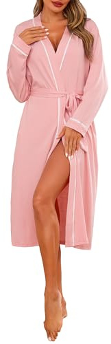 Vlazom Dam morgonrock, supermjuk kimono morgonrock full längd badrock långärmad nattkläder för alla årstider S-3XL, Ros rosa, XL