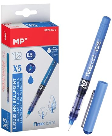 MP - Bolígrafo de Tinta Líquida con Punta de Bola Resistente de 0.5mm, Apto para Uso Escolar y Trabajo, Pack 12 unidades - Color Azul