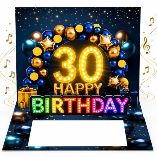 Joli Coon Geburtstagskarte 30 mit Musik und Licht, 20 × 15 cm | Pop-up-Mechanismus, Fächer für Geldscheine, Goldveredelung, passendes Kuvert, Siegelsticker, zum 30. Geburtstag