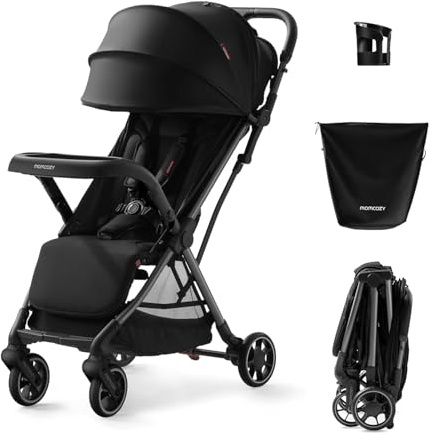 Momcozy ClickGo Buggy klein zusammenklappbar als Flugzeug-Handgepäck, Einhand-Klappmechanismus, mit Liegefunktion, UV-Schutz 50+, XL-Korb bis 3 kg, Geeignet von 0–4 Jahren bis 22 kg, Schwarz