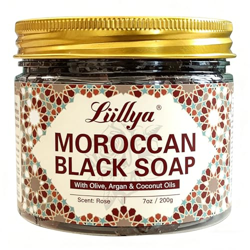 Liillya marockansk svart tvål Beldi, hamam peeling tvål med oliv, argan, kokos- och rosolja, Savon Noir Moroccan Black Soap Peeling pasta för ansikte och kropp, naturlig och vegansk, 200 g