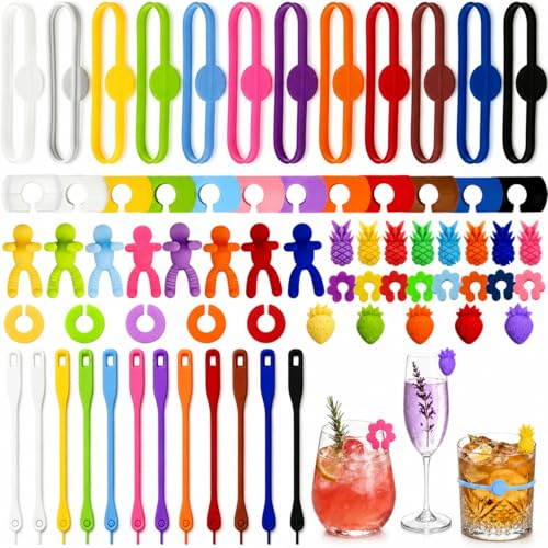 Huanmin 70 Stück Glasmarkierer Buntes, Glas Markierung TrinkgläSer, Glasmarker Silikon, Glasmarkierer, Weinglasmarkierer für Weinglas, Tassen, Trinkglas