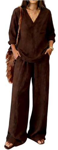 Genérico Conjunto Lino Mujer Verano 2 Piezas Sueltas Algodón y Lino Traje de Primavera Ligero Chándal Blusa Manga Larga Pantalones Moda Tallas Grandes Ropa de Playa Vacaciones Deportivo Casa Trabajo