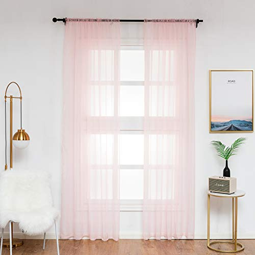 WOLTU Vorhänge mit Kräuselband Stores Gardinen kurz transparent, 2er Set Gardinen Fensterschals Voile für Wohnzimmer Schlafzimmer Kinderzimmer, Rosa, 140x245cm (BxH)
