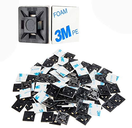 XHF 200 PCS 1/2 Black Self Adhesive Cable Zip Tie Mounts Wire Cable Clips Holders Management Anchors Organizer Holders Squares(HS-100)