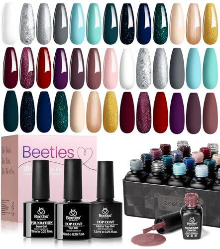 Beetles Nagellack Set, 23 Stück, 20 Farben mit glänzender und matter Überlack Kollektion Herbst-Winter Blau Grau Glitzer Burgunderrot Lila Gel-Nagellack Christmas DIY-Maniküre-Geschenke