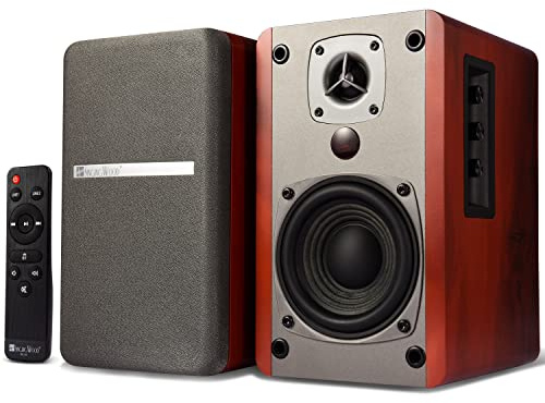 GOBRAN Singing Wood BT27 Enceintes d'étagère Bluetooth Actives avec contrôle et télécommande intégrés - Moniteur de Studio avec 2 entrées de Ligne auxiliaires - 54 Watts (Noyer)