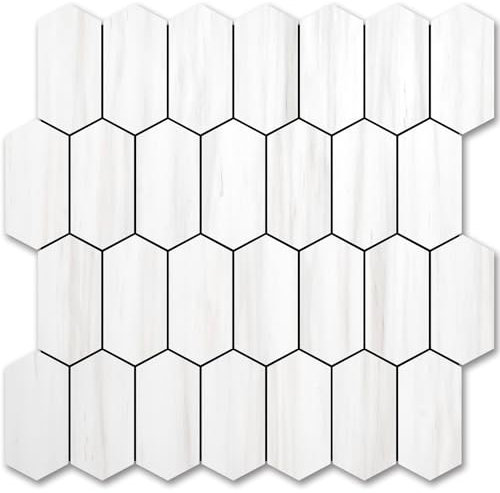 Vamos Tile Long Hexagon Peel and Stick Backsplash Tile - 10 Sheets Stick on Backsplash for Kitchen and Bathroom 12.4 x 12 Inch Dolomite Marble Look PVC Self Adhesive Mosaic Wall Tiles