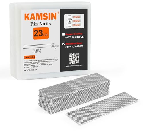 Clavos sin cabeza KAMSIN P620, calibre 23, longitud de pata 20 mm, acero inoxidable, 9.000 unidades/caja, clavos para clavadora neumática