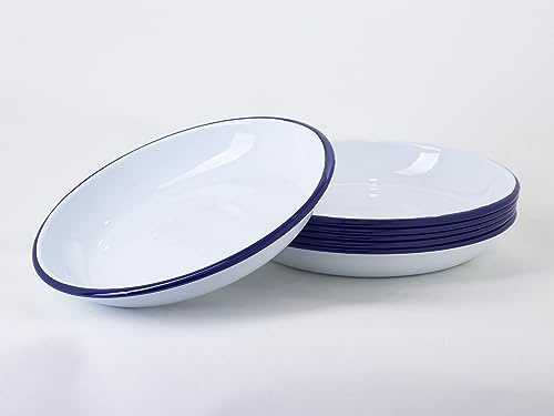 Evocalo Juego de 6 Platos Hondos de Acero Esmaltado Vitrificado Blanco Ribete Azul 25 cm Diámetro 3,5 cm Altura