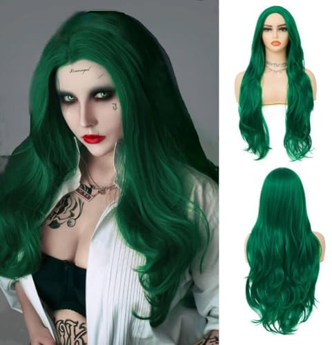 Salaibs Peluca de pelo largo y rizado verde para mujer, sintético resistente al calor, para Halloween, cosplay