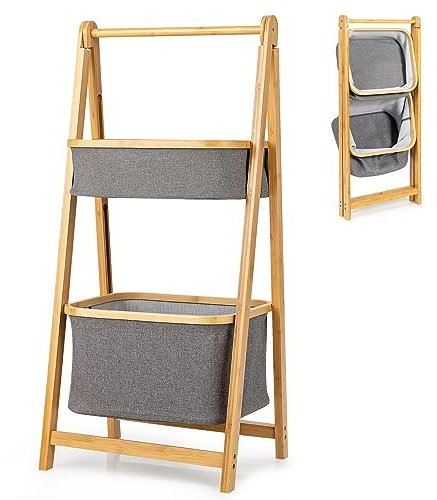 Laundry Basket, Bamboo Laundry Hamper with Towel Rack & 2 Fabric Baskets, Freestanding Dirty Clothes Organizer Unit for Bathroom Bedroom (Folding with 2 Baskets)