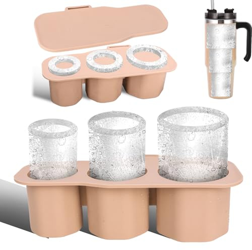 Silicone Ice Cube Maker for Stanley Cup Tumbler Ice Cube Tray 20-40oz with Lid for Making 3 Hollow Cylinder Kitchen Accessories for Freezer, Juice, Coffeee, Whiskey - Collapsible & Reusable (Brown)