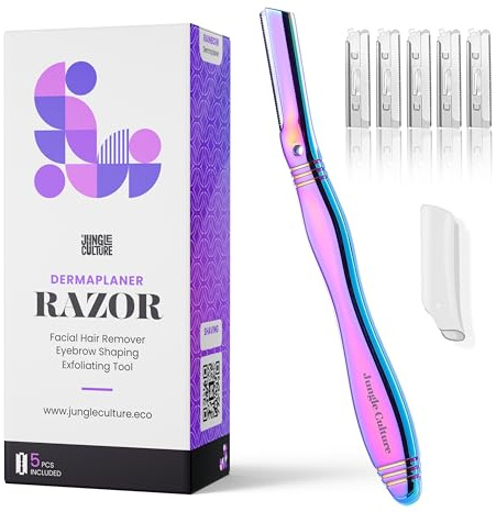 Jungle Culture Dermaplane Rasoir pour sourcils, exfoliation de précision et épilation pour une peau éclatante et lisse - Kit de dermaplaning avec 5 lames remplaçables - Arc-en-ciel