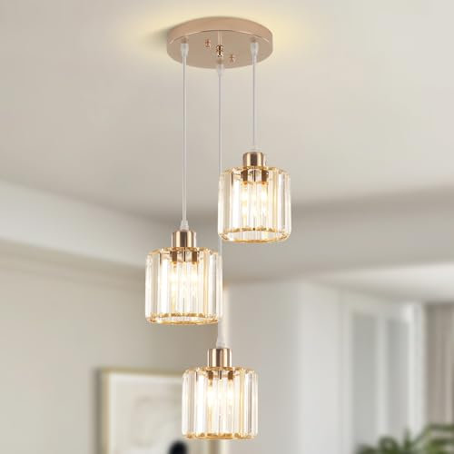 Gold Modern Crystal 3-Light Pendant Ceiling Light, Adjustable Height, Flush Mount for Dining Room, Kitchen, Bedroom, Hallway, Lounge