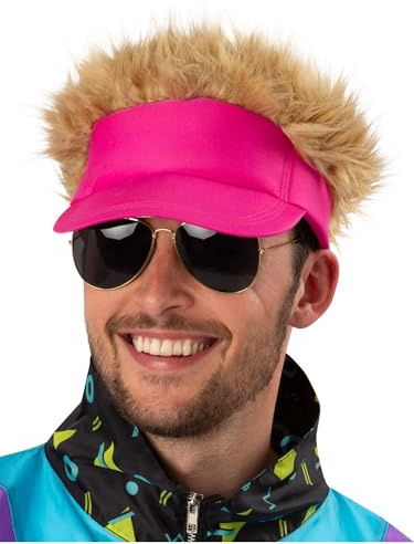 Smiffys Neonrosa Visierhut mit Haaren befestigtes Kostümzubehör für Erwachsene, Retro-Stil der 80er Jahre, Kostüm Kappe mit blonden Stacheln, eingebaut, perfekt für Festivals, Junggesellenabschiede