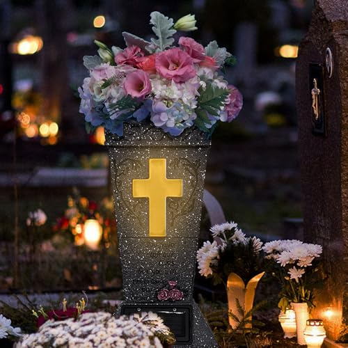Solar Cemetery Vase with LED Cross Lamp Memorial Flower Holder with Spike Headstones Vases Gravestone Garden Decorations Condolence Gifts for Loss of Loved One (Warm Light Cross)