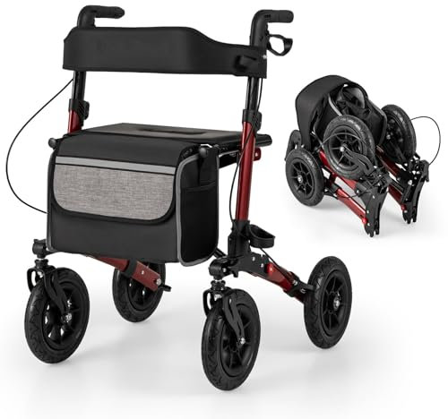 RELAX4LIFE Deambulatore per Anziani con 4 Ruote Pneumatiche, Portata Max 140KG, Rollator Girello Pieghevole in Alluminio Ultraleggero con Sedile, Massima Comfort all'Aperto (Rosso, Avanzato)