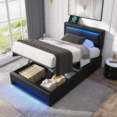 RIAZOS Polsterbett 90x200 cm mit Bettkasten, Einzelbett mit Hydraulische Lagerung, Stauraumbett mit LED, USB-Anschluss, Bettgestell mit Lattenrost, Jugendbett, Schwarz, Kunstleder, ohne Matratze