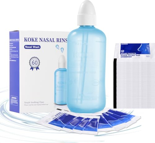 KKEOKE Sinus Rinse Bottle Nose Wash Cleaner Pressure Rinse Nasal Irrigation for Adult & Kid Gentle and Non-irritating (60 Packets)