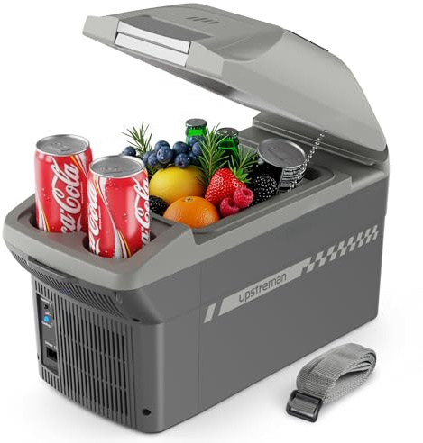 Upstreman Kompakte 9L Elektrische Kühlbox mit Heizfunktion, Mini Kühlschrank kühlt & wärmt, 3kg Leichtbau mit Tragegurt, 12/24V & 220-230V Betrieb, für Reisen, Camping & Büro, Grau-AR09