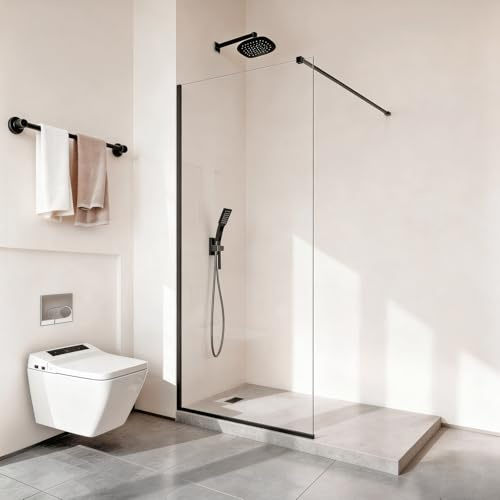 VEVOR 34 W x 74 H Fixed Glass Shower Panel, 5/16(8mm) Thick Clear Tempered Glass Door with Bottom Seal Strip & Supporting Bar, Frameless Bathroom Shower Screen, Matte Black