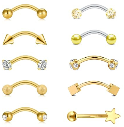 WillTen 10Pcs Rook Piercing Jewellery Vertical Labret Lip Bars, Eyebrow Piercing Jewelry Rook Earring Curved Barbell Eyebrow Ring Lip Daith Helix Conch Piercing Jewelry for Women, Gold