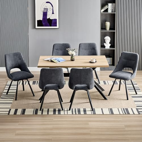 WAFTING 360° Drehbare Esszimmerstühle mit Metallbeine 6er Set, Dunkelgrau | Kunst-Kaschmir-Stoff, 48 cm Breite Sitzfläche, Moderne Gepolsterte Küchenstühle, für Esszimmer, Küche, Wohnzimmer und Cafés