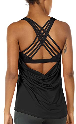 icyzone Femme Débardeur de Sport 2 en 1 - Débardeur sans Manches avec Soutien-Gorge intégré, Fitness Yoga Tank Top (L, Black)