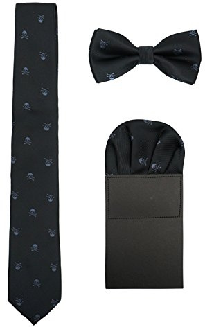 WANYING Hombre 6cm Corbata & Pajaritas & Pañuelo de Bolsillo 3 en 1 Set Moda Casual Cool - Calavera Patrón Negro & Gris