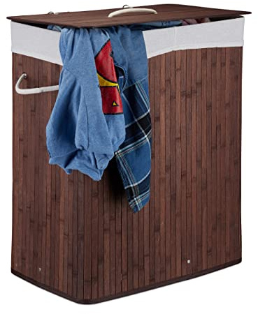Relaxdays Wäschekorb Bambus mit Deckel, rechteckiger Wäschesammler, 2 Fächer, 95 l Volumen, faltbare Wäschebox, Farbwahl | 2 Fächer, 95 l Volumen, faltbare Wäschebox