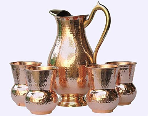 Wasserkrug aus 100% reinem Kupfer, handgefertigt, Ayurveda-Design, mit 4 Gläsern