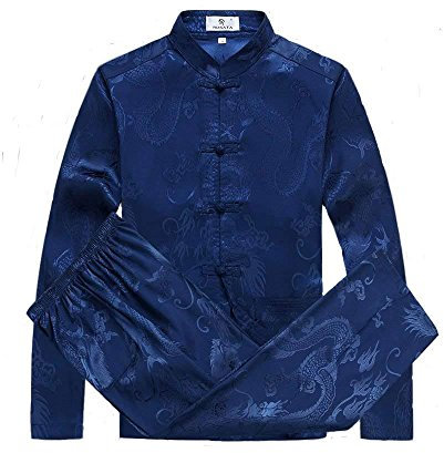 G-LIKE Chinesische Kleidung Tang Anzug - Traditionelle Klassische Kostüme Kampfkunst Kung Fu Tai Chi Qigong Lange Ärmel Drachen Muster Performance Uniform für Männer Frauen (Blau, L)