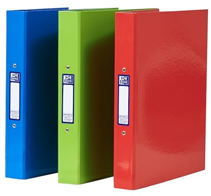 Oxford A4 Ring Binders, Red, Green and Blue, Laminated Paper on Board, 40mm Folders (Pack of 3)