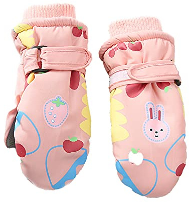 Jupsk Kids Winter Ski Gloves Waterproof Snowboard Mittens Anti Slip Plush Lined Warm Bunny Gloves for Toddler Children Girls Boys 2-5 Years Old, Pink