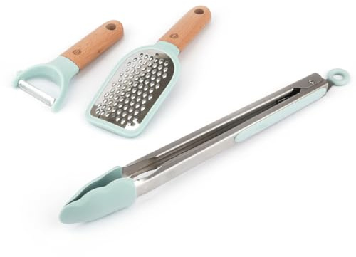 Masterchef - Set di 3 utensili da cucina | Pelapatate, pinza e grattugia | Design in legno e acciaio inossidabile | Accessori da cucina per casa e cucina | Utensili da cucina