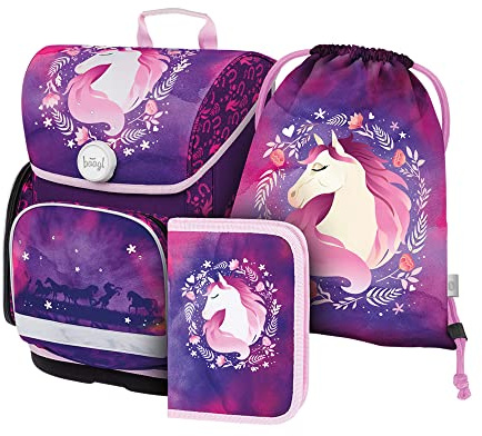Baagl Schulranzen Mädchen Set 3 Teilig Ergo Schultasche 1. Klasse - Pferd | Ergonomische Grundschule Ranzen Tornister mit Brustgurt für 1. Klasse Schultasche Schulranzen Mädchen Set 3 Teilig Ergo