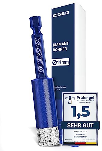 WERKSTEIN® Fliesenbohrer mit Diamantbohrkronen [14mm] | Diamantbohrer für Fliesen & Feinsteinzeug - Robuster Fliesenbohrer mit Sechskantschaft