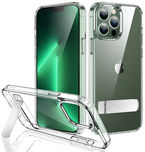 JETech Ständer Hülle für iPhone 13 Pro, 6,1 Zoll, Unterstützung Kabelloses Laden, Dünne Stoßfeste Stoßstange Handyhülle, 3-Wege-Metallständer (Durchsichtig)