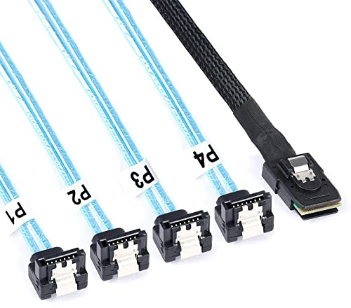 ADCAUDX 2-pack Mini-SAS till SATA-kabel 0,5 m SFF-8087 till SATA brytkabel SFF 8087 till 4 SATA 90 graders rätvinklig mini-SAS-kontroll till SATA hårddisk kabel (1,6 fot)