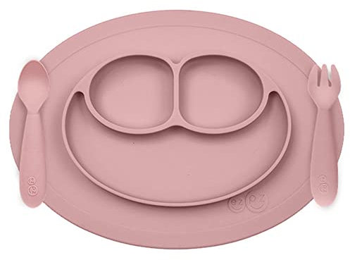 Lait Baby EUMFB005 Set Pappa Mini Mat Piatto Effetto Ventosa con Sezioni e Posate d'Apprendimento Forchetta e Cucchiaio per Bambini +12 Mesi Rosa Cipria