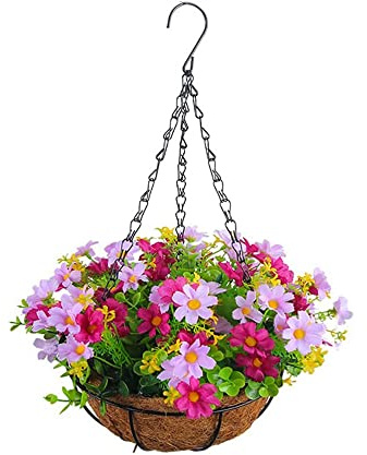 YSINOBEAR Artificial Hanging Basket with Flowers,Flower Basket,Artificial Hanging Flowers in Basket, Silk Chain Hanging Basket,Fake Hanging Plants for Home Outdoors Garden Patio Porch (C)