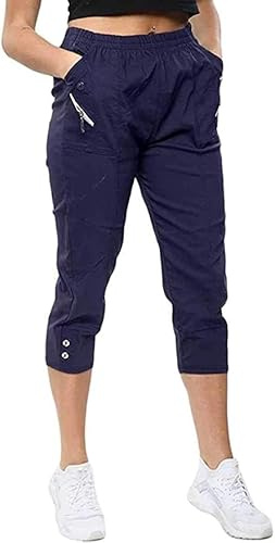 Black Berry CherryBerry Women Ladies Elasticated Cotton Stretch Capri Cropped 3/4 Trousers UK 10-22 Size (as8, Numeric, Numeric_12, Regular, Regular, Navy)