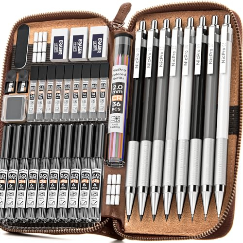 Nicpro Set de 38 lápices mecánicos para dibujo artístico en estuche de cuero, 3 lápices para dibujo técnico en metal 0,5, 0,7, 0,9 mm y 5 portaminillas de 2 mm (colores 6B 4B 2B HB 2H 4H) para dibujo