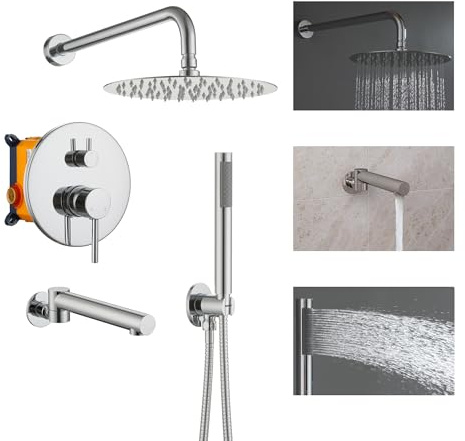 Clihome 10 Inch Shower Faucets Sets Complete with Swivel Tub Spout Rainfall Shower Head System with Handheld Shower Head, Square Fixed Shower Head, Rough-in Valve Body, Trim Kit, Chrome