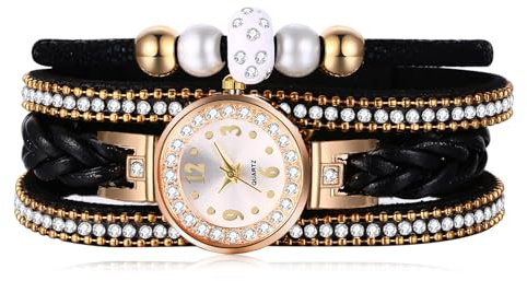 JewelryWe Armbanduhr Damen Böhmisch Retro Strass Glitzer Analog Quarz Beiläufige Uhr Damenuhr mit Geflochten Leder Armband Wickelarmband und Kleeblatt Schlüssel Anhänger