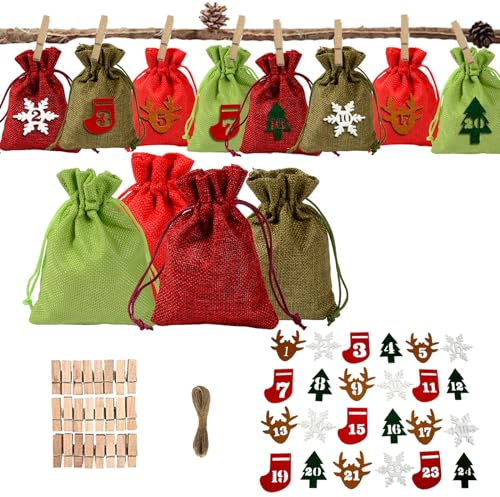 73 Pezzo Calendario Dell'avvento Calendario Avvento Vuoto Natale, Calendario Avvento Fai da Te 2023, Sacchetti Calendario Dell'Avvento, Sacchetti di Iuta di Natale, Forniture per Decorazioni Natalizie