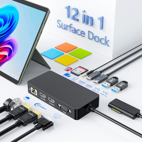 Microsoft Surface Dock Triple Display (Dual 4K HDMI+VGA), 12 in 1 Microsoft Surface Docking Station for Surface Pro 9/8/X/7/6/5/4/3, Surface Laptop go/5/4/3/2/1, Surface Book 3/2/1, Black