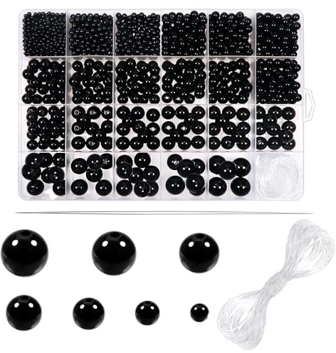 TOAOB 1400 Stück Perlen Schwarz Kunstperle Perlen zum Auffädeln Schmuck | Runde Pearls mit Loch Set für Jewelry Making 4mm 6mm 8mm 10mm für Dekorieren für Halsketten Armbänder Schmuckherstellung